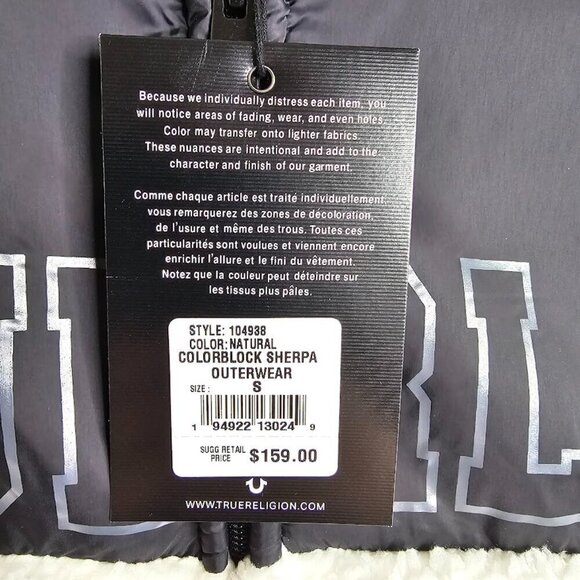 NWT TRUE RELIGION Jacket Coat Colorblock Sherpa Logo WHITE & BLACK size S Fleece - Picture 5 of 12